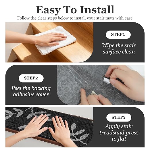 Carpet Stair Treads, Non-Slip Stair Treads for Wooden Steps Indoor | Stair Runner for Pets, Non Skid Staircase Step Treads Washable Reusable, Stair Protectors 30" x8" Set of 15, Black