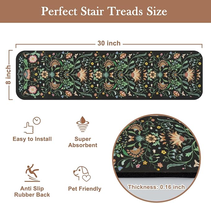 OJIA Floral Stair Treads Non-Slip Stair Runner 15PCS 30"x8" Black | Carpet Stair Treads for Wooden Steps Indoor Stair Mats Staircase Step Treads for Kids, Elders and Dogs, Stair Covers
