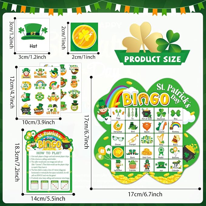 39Pcs St. Patrick’s Day Bingo Game for Adults Kids 24 Players Shamrock Shape Bingo Game Cards with Reward Stickers for Family Friend Large Group Activities St. Patrick’s Day Spring Party Favor