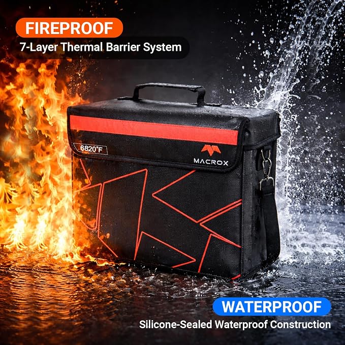 Fireproof and Waterproof Document Bag with Lock, 6200℉ Insulated, Patented Enclosed Flap Design, Heavy Duty Fire Safe Storage Box for Documents, Files & Valuables, 16"x12.6"x6.5"
