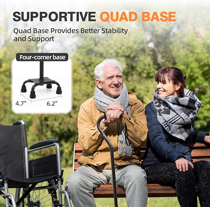 BeneCane Quad Cane Adjustable Walking Cane with Offset Soft Cushioned Handle for Men & Women Lightweight Comfortable with 4-Pronged feet for Extra Stability
