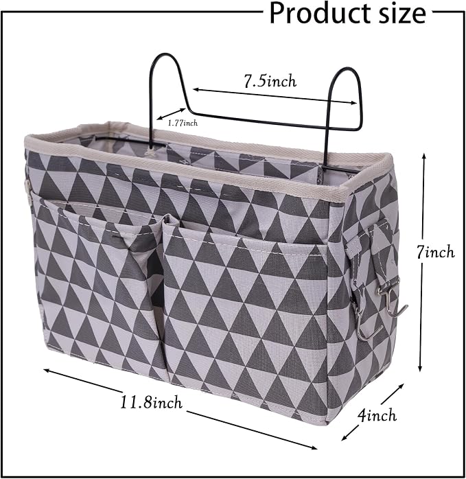 Bedside Caddy Organizer Hanging Storage Basket with Large Pockets & Hooks, Heavy-Duty Canvas Bedside Organizer for Bunk Beds, Dorm Rooms, Hospital Beds & Small Spaces (Gray Triangle Pattern)