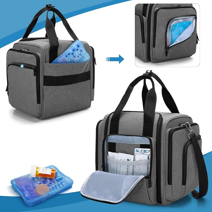 BAFASO Large Pill Bottle Organizer with 4 Inner Removable Pouches, Gray | Medicine Bag Come with Shoulder Strap, BAG ONLY.