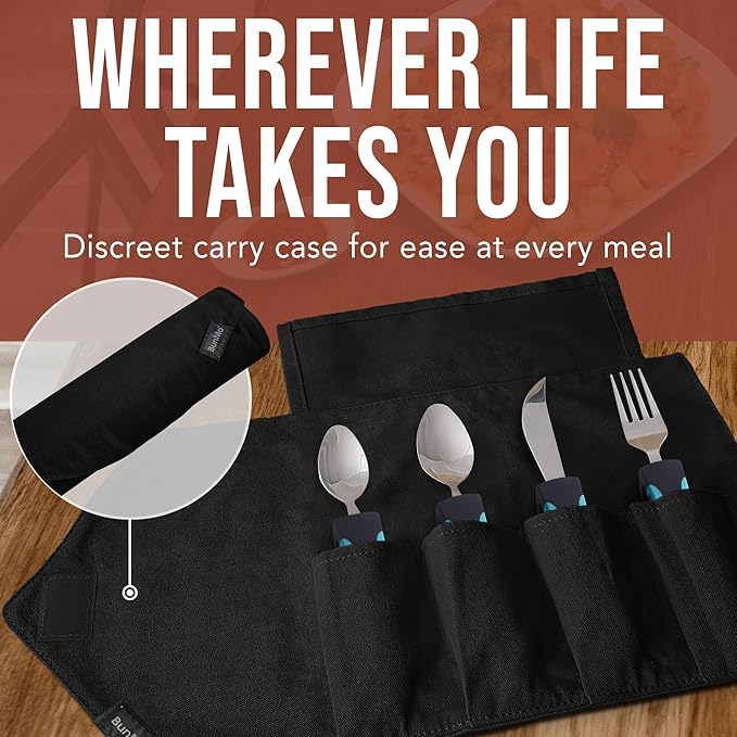 BUNMO Adaptive Utensils for Elderly, Arthritis, Weak Hand Grip & Handicapped - 4 Piece Set - Convenient Travel Pouch - Lightweight - Arthritis Gifts for Seniors Over 80 - Gifts for Disabled Adults