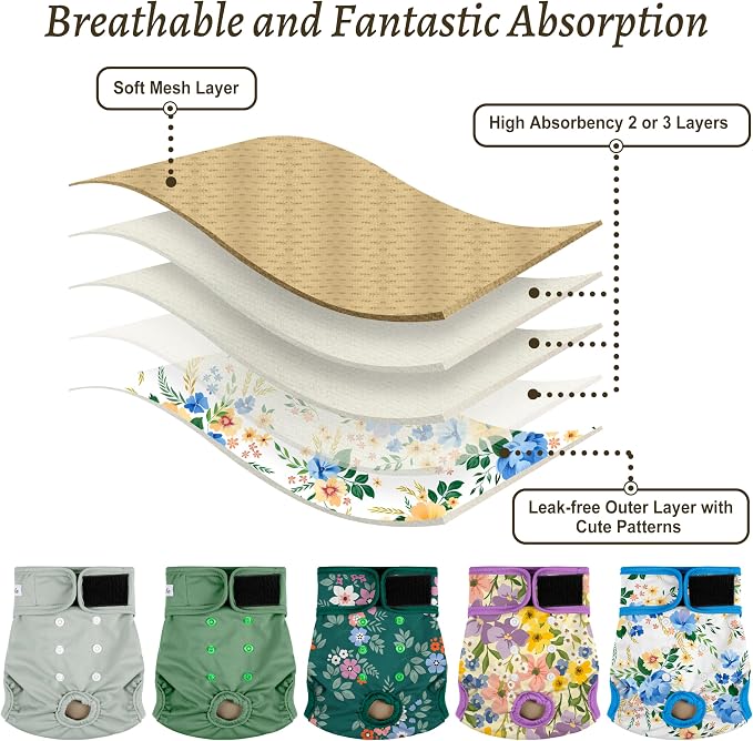 Female Dog Diapers 5Pcs - Premium Reusable Diapers for Doggie in Heat - Highly Absorbent Dog Diapers Female for Pet Incontinence with Adjustable Snaps, Green, M