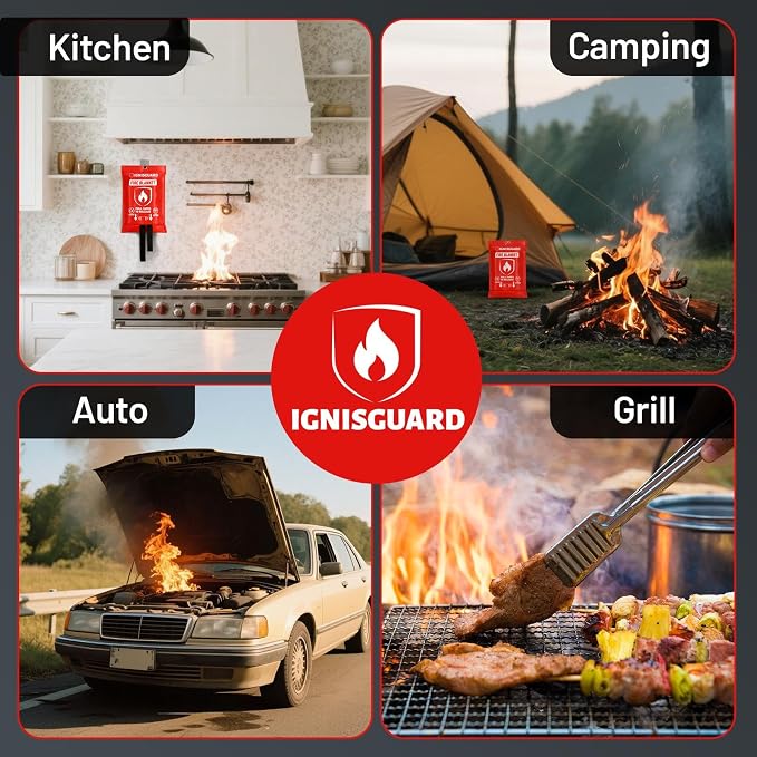 Emergency Fire Blanket for Home and Kitchen, 1-Pack 40"x40" Fiberglass Fire Suppression Blanket for Grease Fires, BBQ Grill, Camping, Car, RV, Office & Home Safety