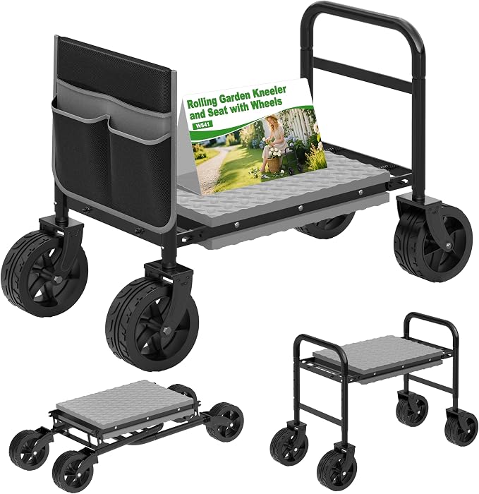 Garden Kneeler and Seat with 360° Wheels: 3-in-1 Rolling Gardning Stool | Foldable Garden Seat with Extendable Legs - Thick Pad and Tool Pouches - Heavy Duty Gardening Bench for Seniors