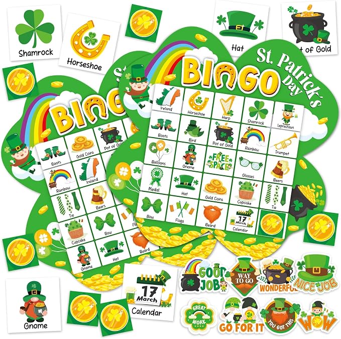 39Pcs St. Patrick’s Day Bingo Game for Adults Kids 24 Players Shamrock Shape Bingo Game Cards with Reward Stickers for Family Friend Large Group Activities St. Patrick’s Day Spring Party Favor