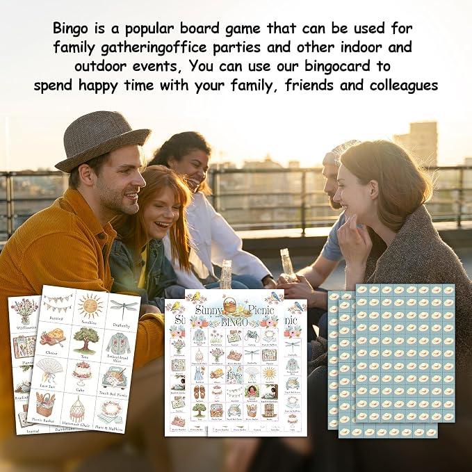 Picnic Bingo Game Cards, Sunny Picnic Bingo Set for Adults Large Group, Summer Themed Fun Games, Camping Party Activities Icebreaker Games for Family Friends, 14