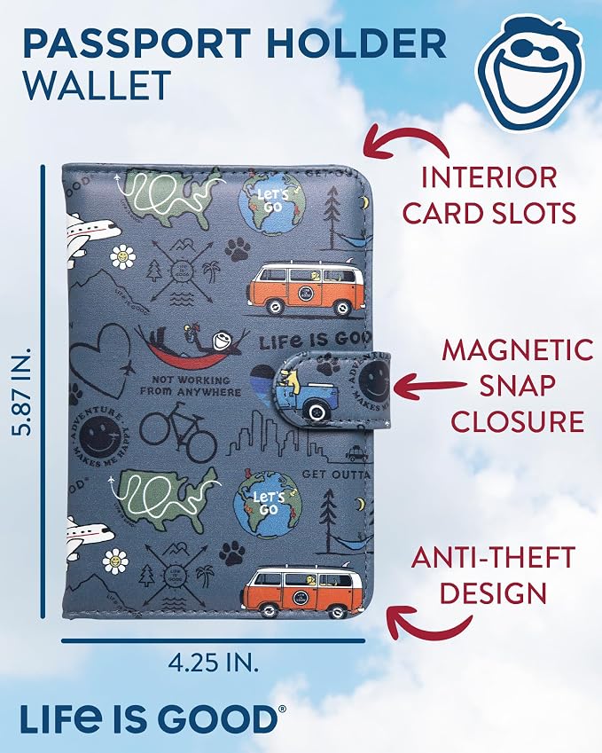 Life is Good Travel Passport Cover, Card Slots, Snap Closure | Slim Design, Card Slots, Snap Closure, Fits Neatly in a Purse or Backpack, Keeps Documents and Boarding Pass Organized