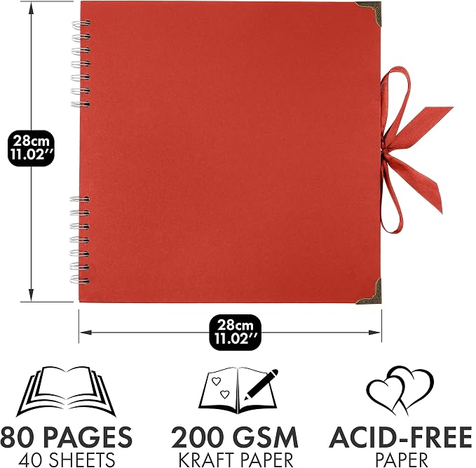 Bstorify Square Scrapbook Photo Albums 80 Pages (11 x 11 Inch) Red Thick Paper, Hardcover, Ribbon Closure - Ideal for Your Scrapbooking Albums, Art & Craft Projects (Red, 11 x 11 Inch)