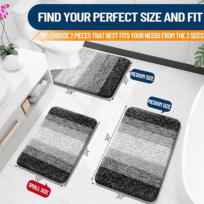 OLANLY Bathroom Rug Set 2 Piece, Soft Absorbent Microfiber Bath Rug Set, Non-Slip, Machine Wash Dry, Plush Shaggy Bath Mats for Bathroom (30"x20"+24"x16", Black)