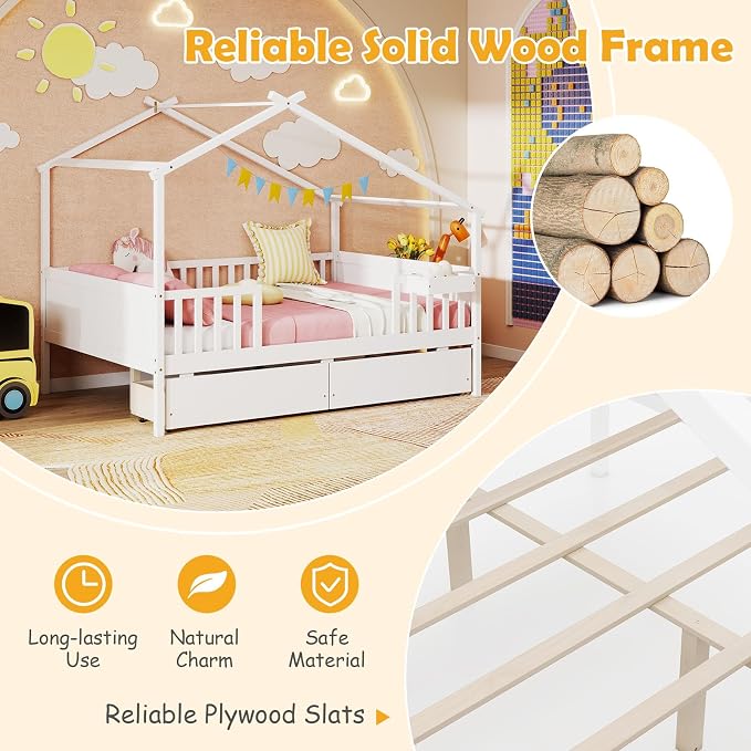Giantex Full House Bed with Drawers, Wooden Full Size Bed Frame with Cube Storage & Fence Rails, Montessori Beds for Kids Boys Girls, Bedroom, Living Room, No Box Spring Needed, White