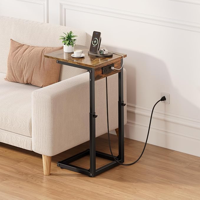 C Shaped End Table with Charging Station, 33"Tall Side Table for Couch, C-Table End Table Adjustable Height Side Table,Slide Under Couch Table TV Tray Table for Sofa,Living Room,Bedroom,Brown