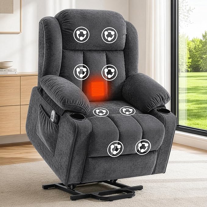 Power Lift Recliner for Elderly,Electric Recliner Chair with Massage & Heating for Adults, USB Charging, Cup Holders, Side Pocket, Living Room Sofa L1288 (Dark Grey)