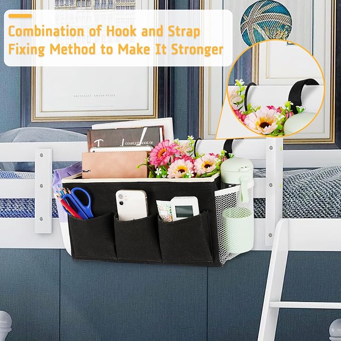 Lilithye Bedside Caddy, Bedside Storage Bag Hanging Organizer for Bunk Bed | Bed Caddy with Fixed Straps and Water Bottle Holder for Home, College Dorm, Bunk Bed, Hospital Bed and Crib Bed Rails