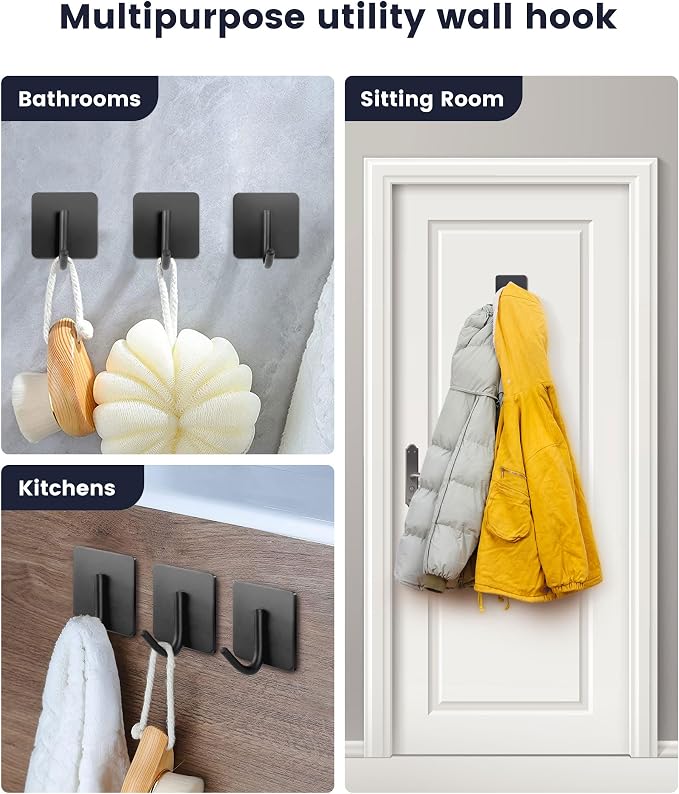 xdgeLoad Adhesive Hooks, Towel Hooks 8 Pack Heavy Duty Adhesive Hooks, Towel Hooks for Bathroom Kitchen Bedroom, Stainless Steel Hook for Hanging - Matte Dark Gray
