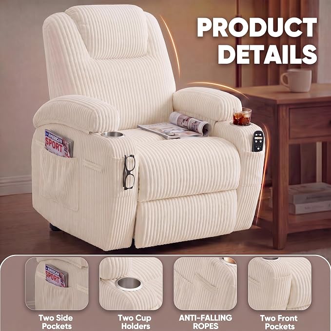 Flamaker Power Lift Chair Massage Recliner Chairs for Elderly | Ergonomic Lift Recliner Design with Cup Holders & Side Pockets, Remote Control (Corduroy, White)