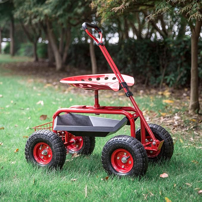 kinbor Rolling Garden Scooter Garden Cart with Tray, 360 Swivel Seat, Red