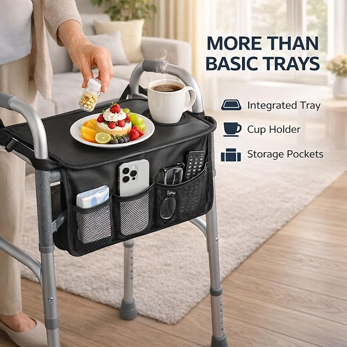 Walker Tray for Folding Walkers, 50 lb Capacity, Cup Holder | 50 lb capacity tray for folding walkers with cup holder and front pockets for meals, drinks, phone, tissues and medications
