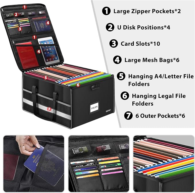 ENGPOW Fireproof File Box with Lock, Document Storage Organizer Box with Inserts and Mesh Pockets