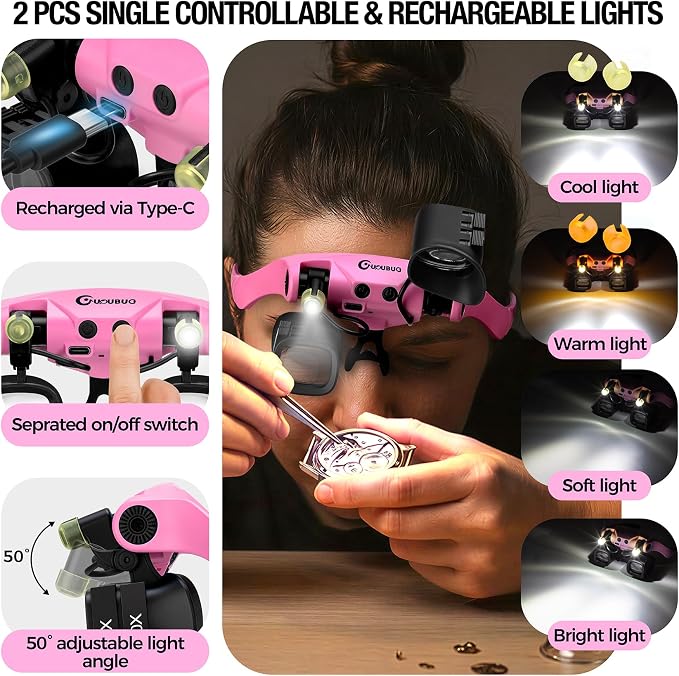 Rechargeable Magnifying Glass with Light 2X-23X,5 Pairs Lens Combos | Single Eye Observation,w/Storage Case, Switchable Headband Magnifier,Lightweight Handsfree for Close Work Watch Repair Crafts