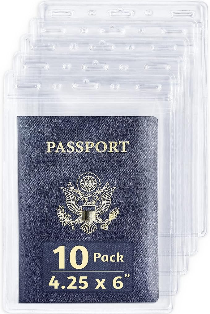 4x6 XXL Passport, ID, Name Card Holders - Vertical, Resealable, 10 PK | EcoEarth clear plastic waterproof passport holder with soft edge and zipper seal, 5 pre-punched holes for all lanyard clips
