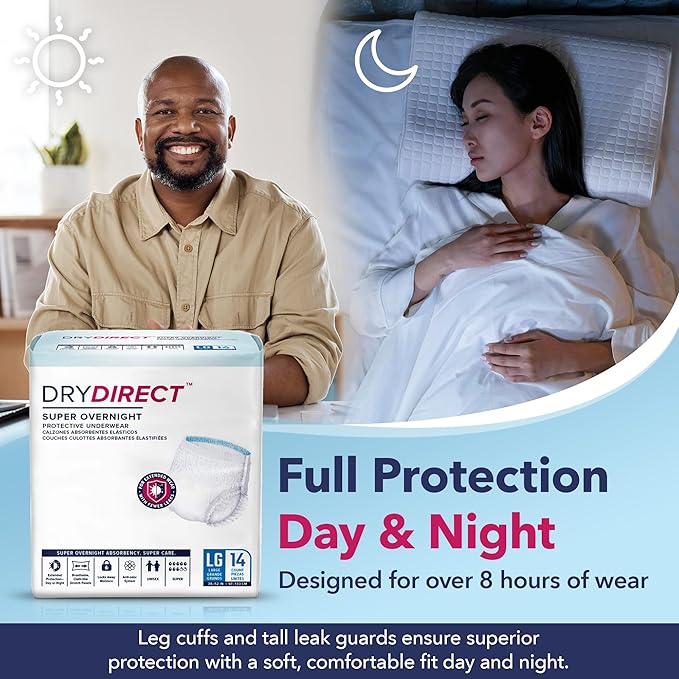 Dry Direct Super Overnight Underwear, Soft Cloth-Like Adult Diapers, Overnight Disposable Incontinence Protection - Small (Pack of 14)