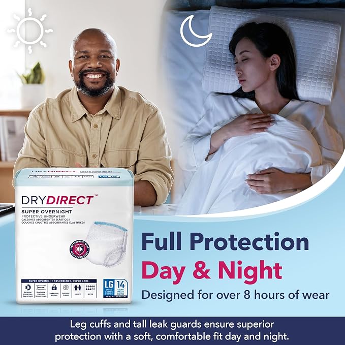 Dry Direct Super Overnight Underwear, Soft Cloth-Like Adult Diapers, Overnight Disposable Incontinence Protection - X-Large (Case of 56)