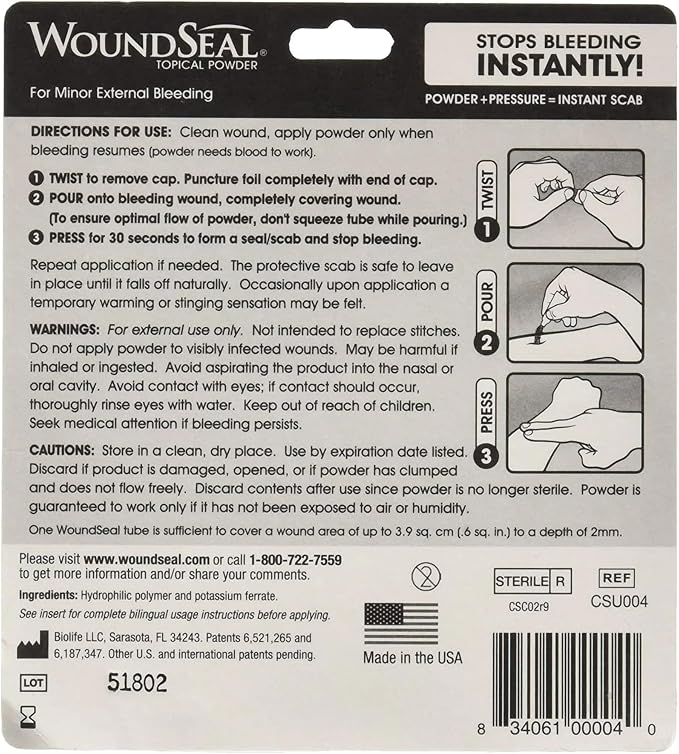 WoundSeal Powder 4 Each (Pack of 2) - Wound Care First Aid for Cuts, Scrapes and Abrasions - Stops Bleeding in Seconds Without Stitches or Bandages - Safe and Effective for People of All Ages and Pets