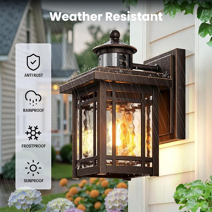 Gleamz 2-Pack Exterior Lighting Fixtures, Aluminum Motion Sensor Porch Light, Oil-Rubbed Bronze Gold Trim Outdoor Wall Lights for House, Waterproof Farmhouse Outdoor Porch Lights Wall Mount for Garage
