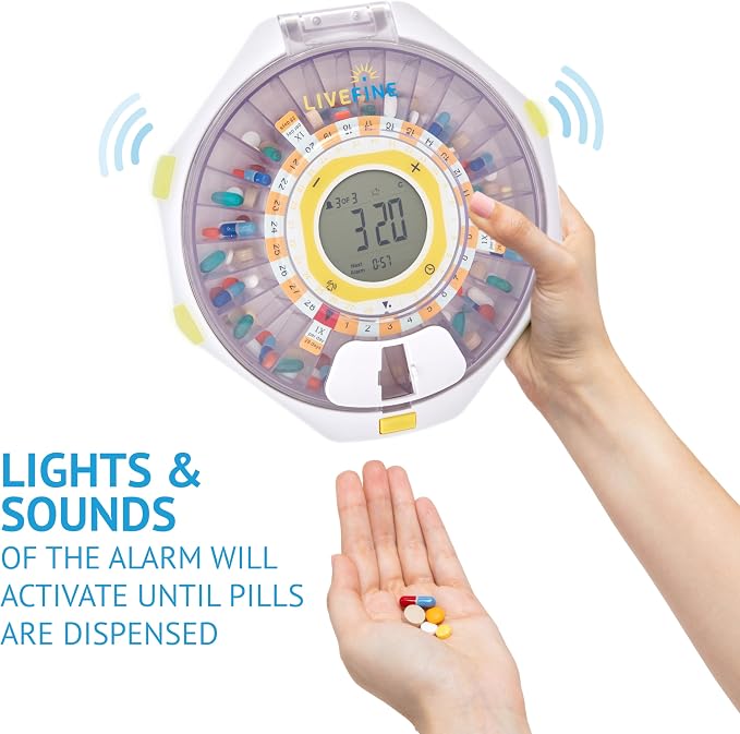 LiveFine Bluetooth Pill Dispenser, 9 Dosage Rings, 28-Day, Clear Lid | Free app control with sound and light alerts, secure key lock, quick-press latch - for seniors and arthritis sufferers.