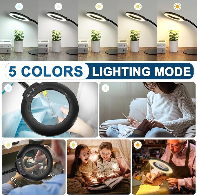 IVMAIE 12X Magnifying Glass with Light, Real Glass Lens, 5 Color Modes Dimmable, Flexible Gooseneck Lighted Magnifier with Stand, LED Desk Lamp Hands Free for Crafts Painting Sewing Reading Close Work