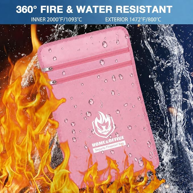 Upgraded Two Pockets Fireproof Document Bag (2000℉), andyer 15”x 11”Waterproof Fireproof Money Bag with Zipper, Fire Safe Waterproof Holder Pouch for Valuables, Legal Documents (Pink)