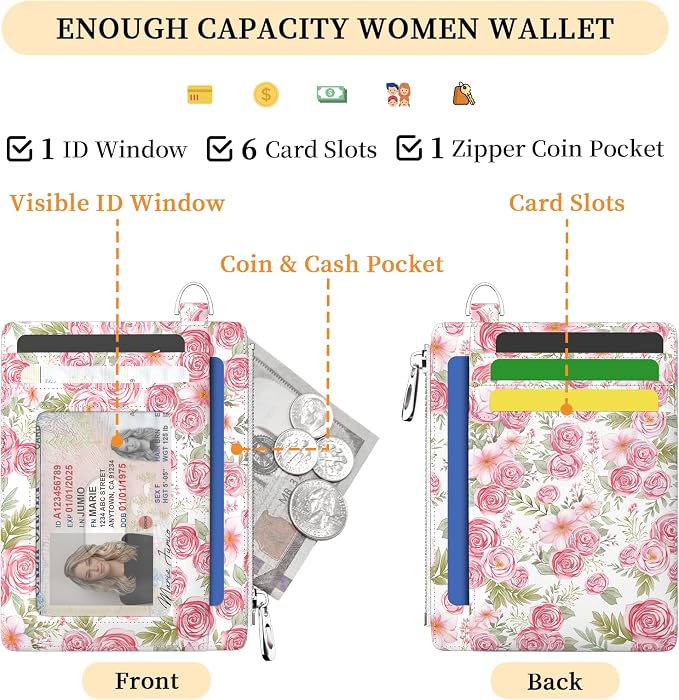 Hancynir Flower Floral Slim Wallet Women Credit Card Holder RFID Small | Zipper Pocket Wallet, Thin Travel Coin Purse, Ladies Women Gifts, Minimalist Card Case, 6 Card Slots, ID Window, PU Leather