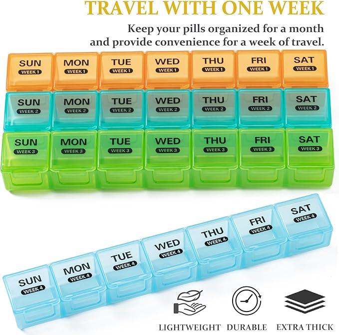Monthly Pill Organizer, 28 Day Pill Box 1 Time a Day with Dust-Proof Case, Large 4 Weeks a Month Pill Case Container, Daily Vitamin Case Box for Pills/Medicine/Fish Oil/Supplements（Colorful）