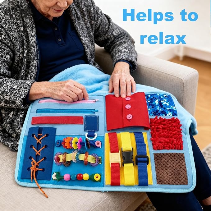 Fidget Blanket for Adults with Dementia & Alzheimer‘s,8-in-1 Sensory Activity Mat with Fine Motor Skills Items,Calming Therapeutic Aid for Seniors, Autism, Anxiety,Machine Washable & Portable