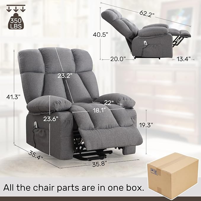 Oversized Power Lift Recliner Chair for Elderly, Big and Tall Lift Chair with Massage and Heat for Living Room, Fabric Electric Recliner Chairs with Side Pocket, USB Charge Port Grey