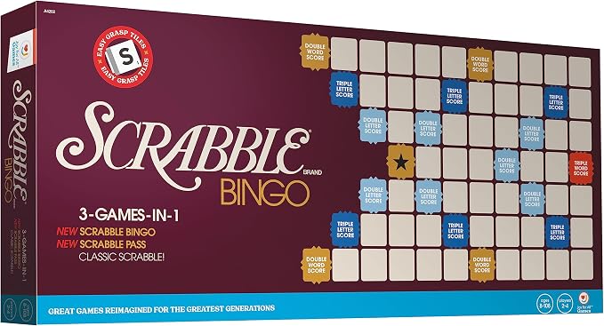 JOY FOR ALL Games - Scrabble Bingo 3-in-1 Word Games - Classic, Bingo, & Pass - New Easy to Grasp Tiles & Racks - Fun Family Board Game for Seniors, Kids, Teens, and Adults