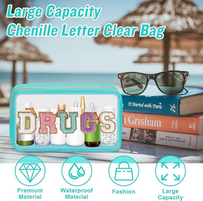 Clear Letter Patch Medicine Bag Drugs Pouch with Zipper, Travel Portable Cosmetic Makeup Bag for Women Girls, Waterproof Nylon PVC Toiletry Meds Storage Case Chenille Letter Stadium Bag(Green, DRUGS)