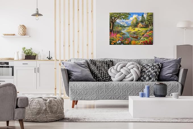 Adult Jigsaw Puzzle Log Cabin Mountain Lake | 1,000 piece challenging puzzle of a wildlife floral landscape with a canoe. Suitable on a table, puzzleboard, or floor.