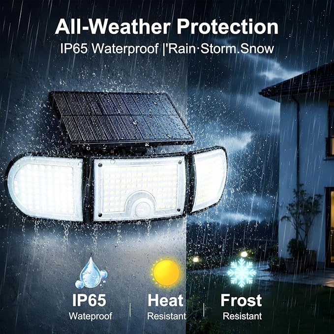 Solar Motion Sensor Lights Outdoor, 3000LM 218 LED 3 Heads Security Flood Light with Remote Control, IP65 Waterproof 270° Wide Angle Solar Wall Lights 3 Modes for Garage,Yard,Patio,2 Pack