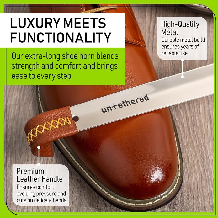 Untethered Long Metal Shoe Horn with Leather Handle | Durable Shoe Spoon for Seniors, Men, Women & Kids | Easy-to-Use Boot & Ski Shoehorn | Sturdy Long Handle Shoehorn.