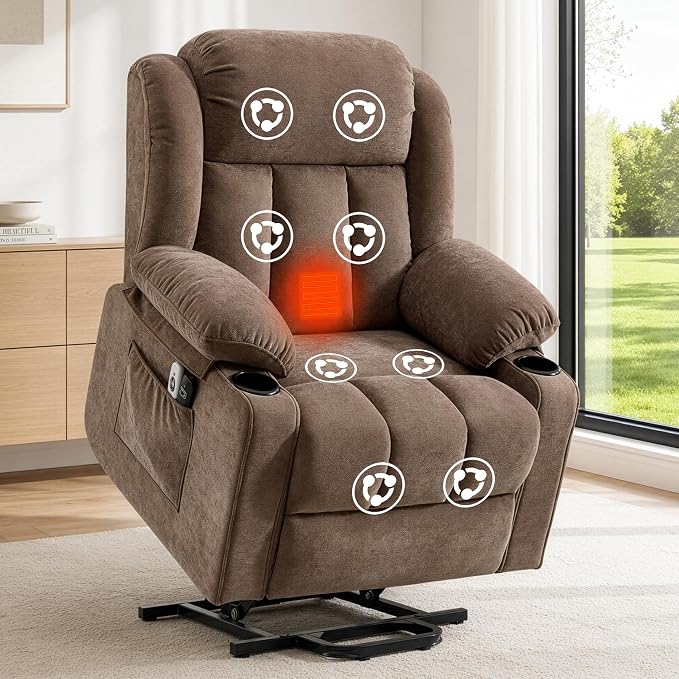 Power Lift Recliner for Elderly,Electric Recliner Chair with Massage & Heating for Adults, USB Charging, Cup Holders, Side Pocket, Living Room Sofa L1288 (Brown)
