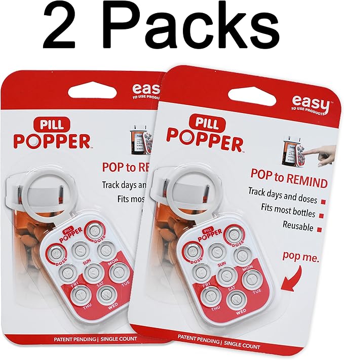 Pill Popper Medication Tracker, Daily Pill Reminder, Small and Portable Memory Aid with Buttons, Attaches to Pill Container, Tracks up to 3 Doses per Day, Multicolor, 2-Pack