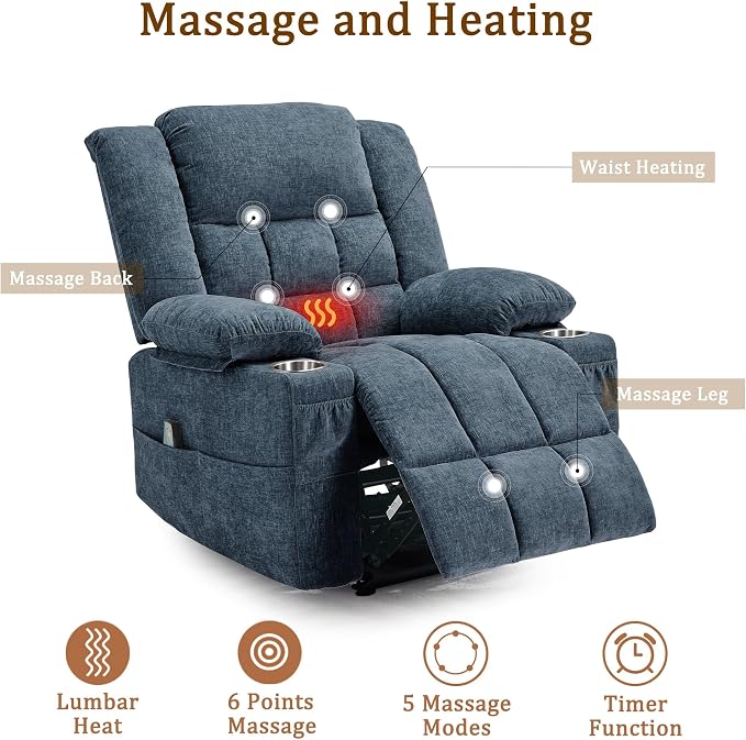 Korser Recliner Chair for Adults, Wall Hugger RV Recliner with Massage and Heating, Zero-Gravity Recliners, Electric Power Recliner Chair for Living Room, Bedroom, Home, Theater Seating (Blue)