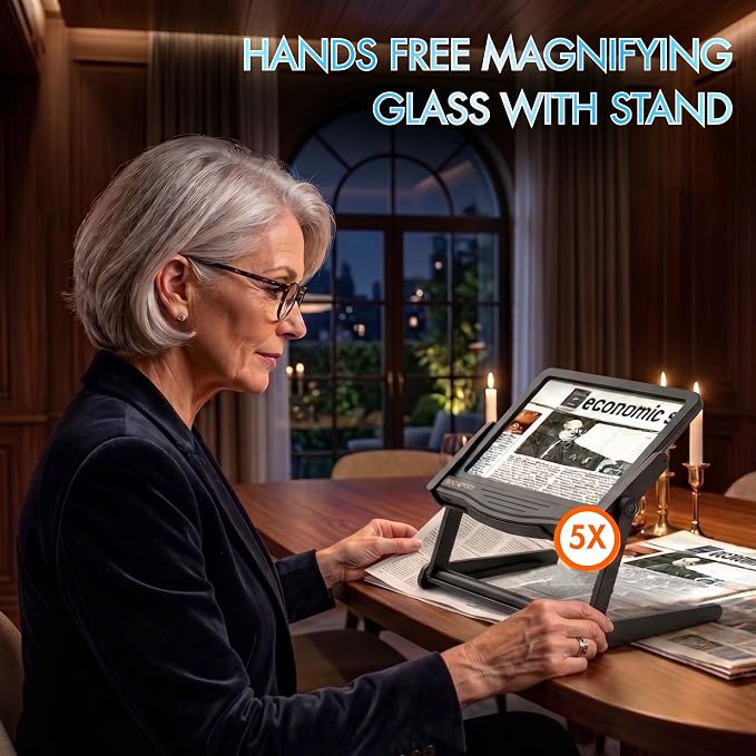 MAGNIPROS 5X Rechargeable LED Page Magnifier with Foldable Stand, Hands-Free Lighted Magnifier with 3 Color Modes, Anti-Glare Lens for Reading Small Print, Low Vision, Seniors, Crafts