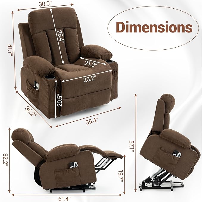 Power Lift Recliner Chair for Elderly, Electric Recliner with Vibration Massage, Lumbar Heat, USB Port & Cup Holders, Ergonomic Living Room Sofa, Brown