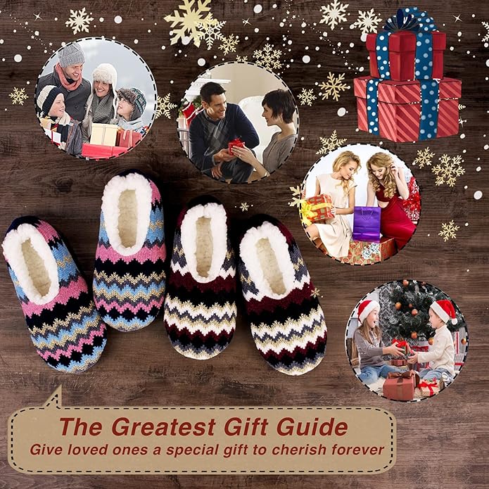 cosyone1997 2-Pair Thick Warm Fuzzy Slippers for Women Indoor Fluffy Sherpa Lined, Winter House Shoe Socks Non-Slip Soft Soles, Cozy Christmas Gifts