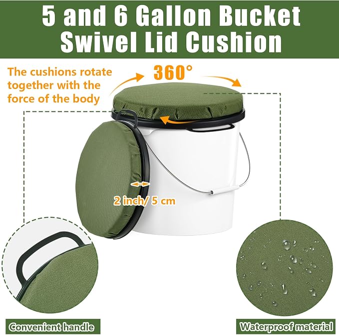 Lewtemi 2 Pcs 5 Gallon Bucket Seat 360 Degree Swivel Lid with 2" Thick Green Padded Cushion Lid with Waterproof Cover, Ideal for Winter Ice Fishing, Waterfowl Hunting, Camping and Outdoor Activities